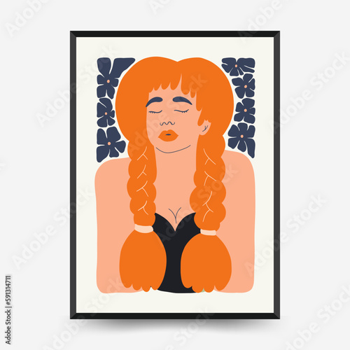 Abstract floral and women posters template. Modern trendy Matisse minimal style. Cute girl and fashion. Hand drawn design for wallpaper, wall decor, print, postcard, cover, template, banner. 