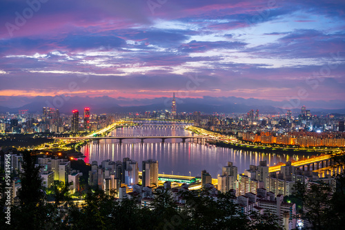 The landscape of Seoul and the Han River and beautiful sky, South Korea