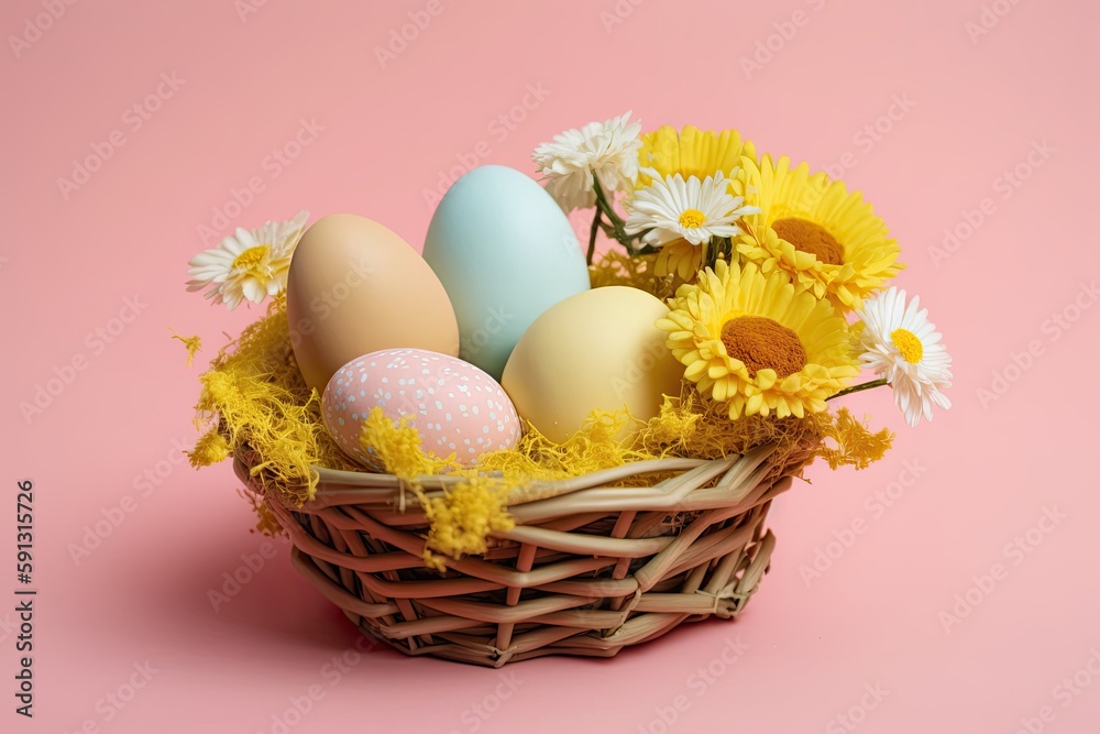 basket of eggs and daisies on a pink background. Generative AI