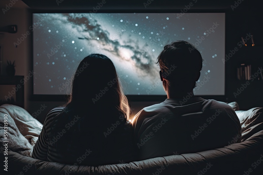 couple enjoying a movie night on their bed. Generative AI Stock ...