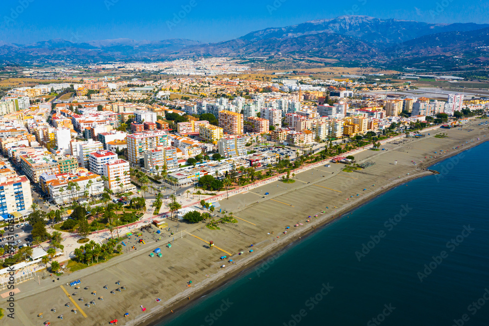 View from drone of Spanish town of Torre del Mar on Mediterranean coast