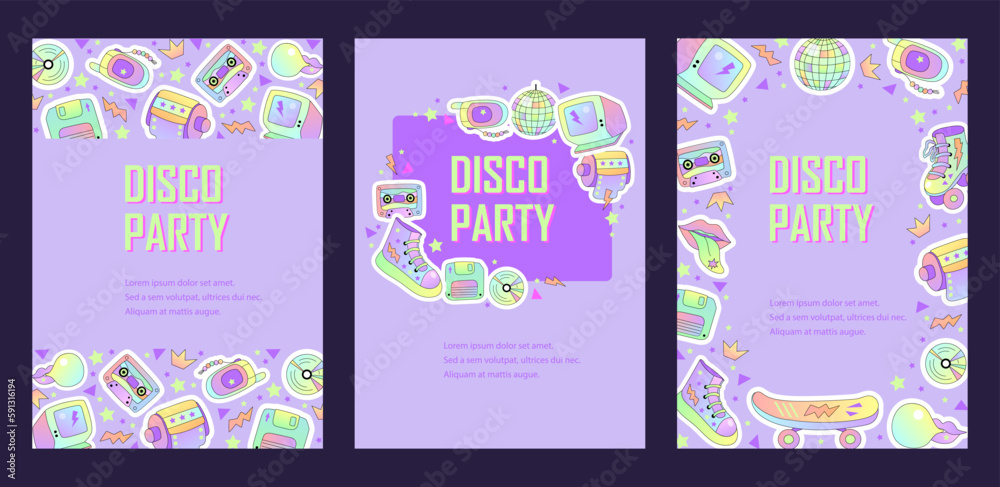Templates with retro objects for invitation, poster, advertising. 90s vibes. Space for text. Vector illustration set.
