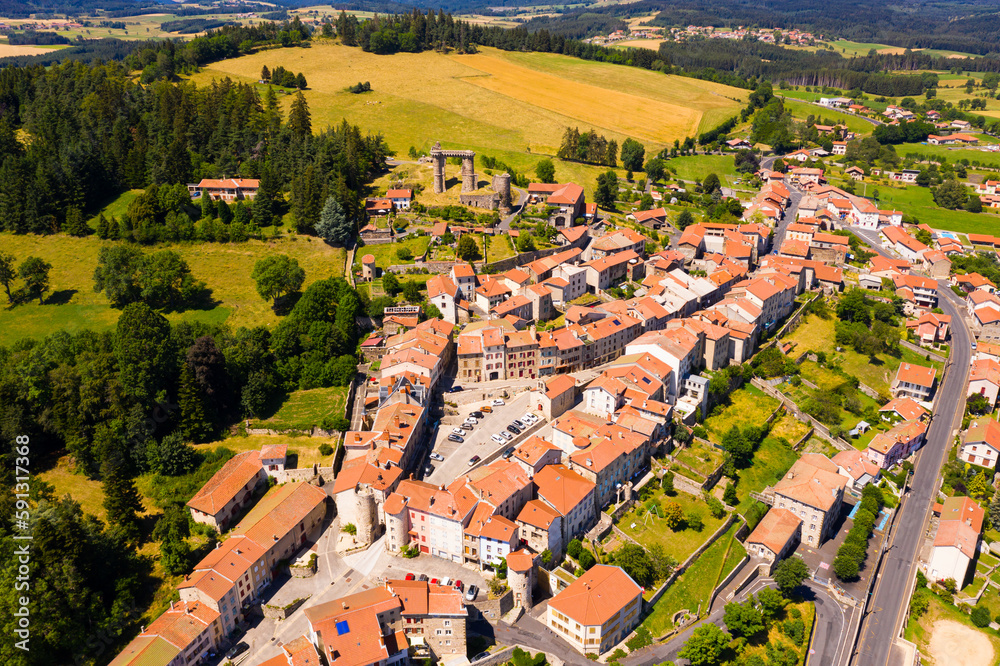Picturesque aerial view of Allegre commune in Haute-Loire department, south-central France
