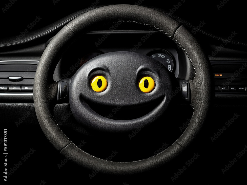 Cheerful emoticon right on the steering wheel of the car, close-up. Generative AI