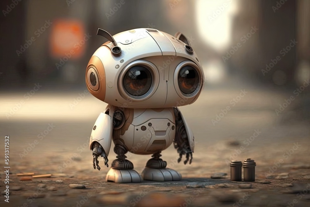 Fototapeta premium small robot standing on top of a city street. Generative AI