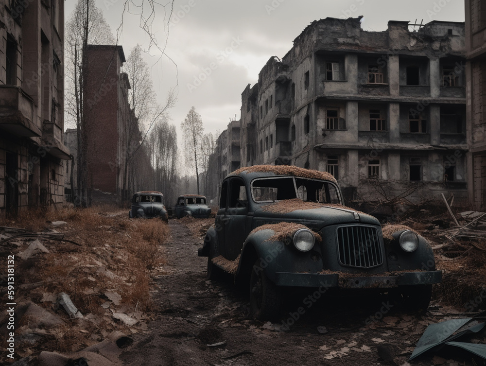 Abandoned city with destroyed buildings and cars, post-apocalyptic, ai generative