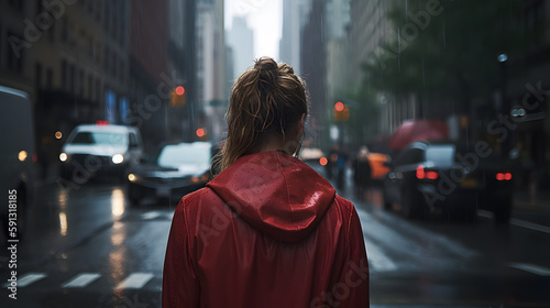 woman walking in the city with rain