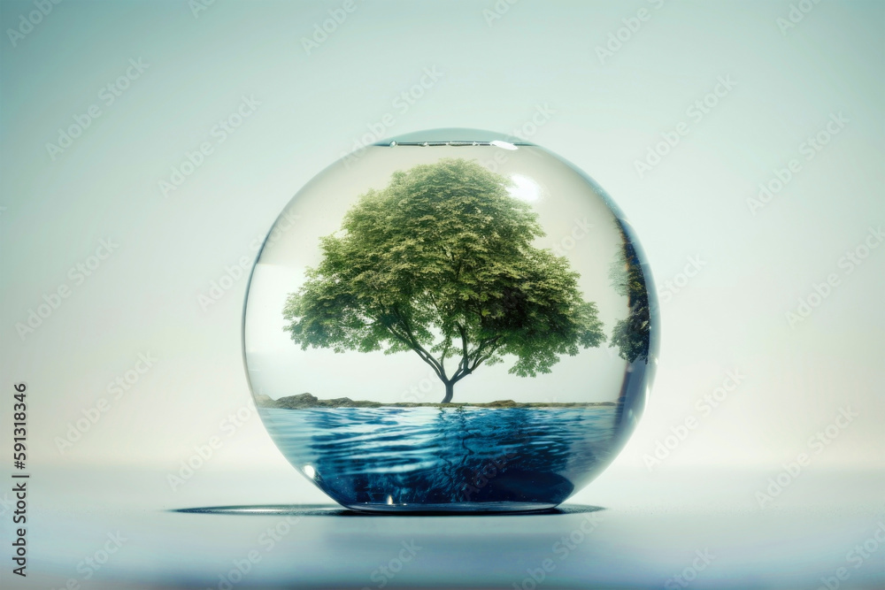 Green tree in a drop water. ecology, nature conservation, environmental protection, Earth Day. Illustration generated by AI