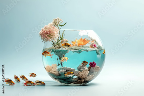 Various flowers beautiful fish in drop of clean water. The concept of ecology, Earth Day, Water Day. Illustration generated by AI