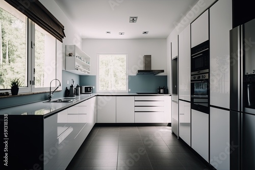 spacious white kitchen with ample counter space and cabinetry. Generative AI