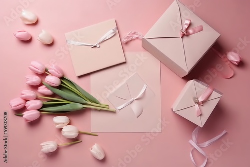 파스텔 핑크 바탕에 편지와 작은 하트가 있는 리본 핑크와 흰색 튤립 봉투가 있는 선물 상자 배경. 인공지능 생성