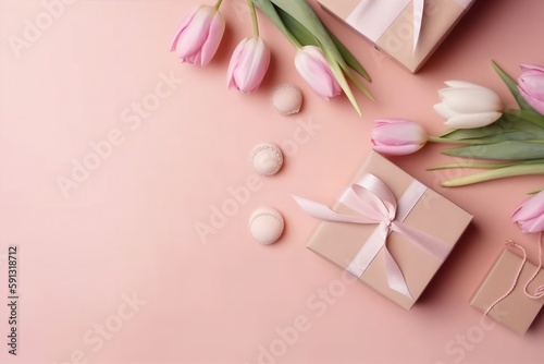 파스텔 핑크 바탕에 편지와 작은 하트가 있는 리본 핑크와 흰색 튤립 봉투가 있는 선물 상자 배경. 인공지능 생성 © SANGHYUN