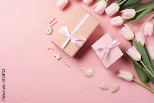 파스텔 핑크 바탕에 편지와 작은 하트가 있는 리본 핑크와 흰색 튤립 봉투가 있는 선물 상자 배경. 인공지능 생성 © SANGHYUN