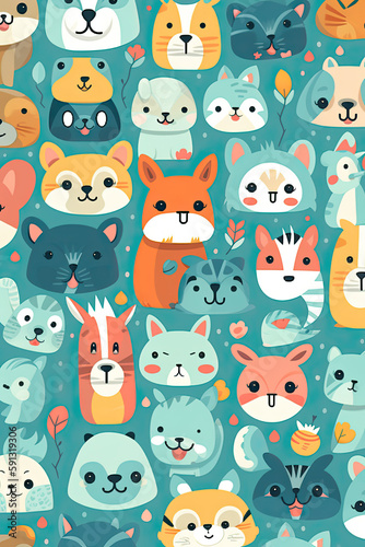 cute cartoon character animals on a baby blue background seamless pattern tile, ai generative