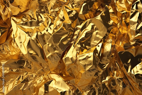 Seamless gold leaf background texture. Shiny golden crumpled metallic foil repeat pattern. Ai regnerative