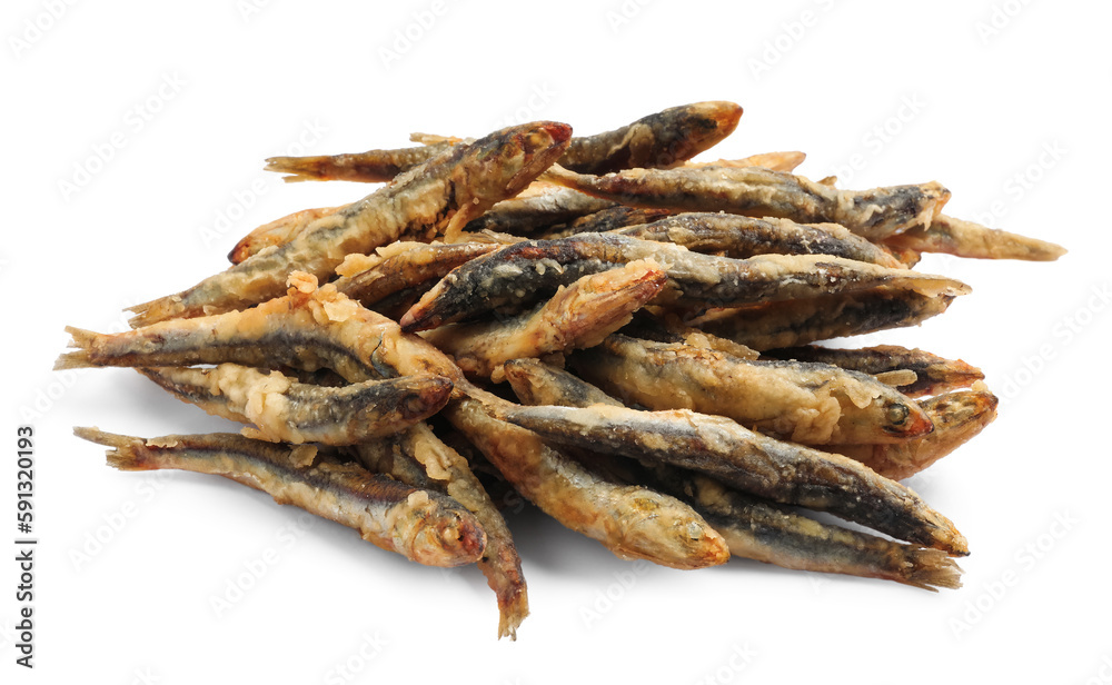 Pile of delicious fried anchovies on white background Pile of delicious fried anchovies on white background