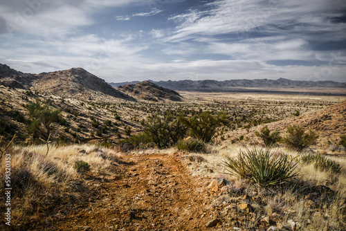Wide dirt road winding across grassy rolling hills in Arizona desert near Kingman in Hualapai mountains