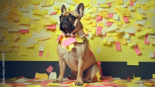 Generative Ai image of a french bulldog with sticky notes