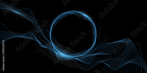 Big data, AI, network connection structure, data and energy transmission on the black abstract background of cyberspace. Cyclic wave background of particle technology. Vector image
