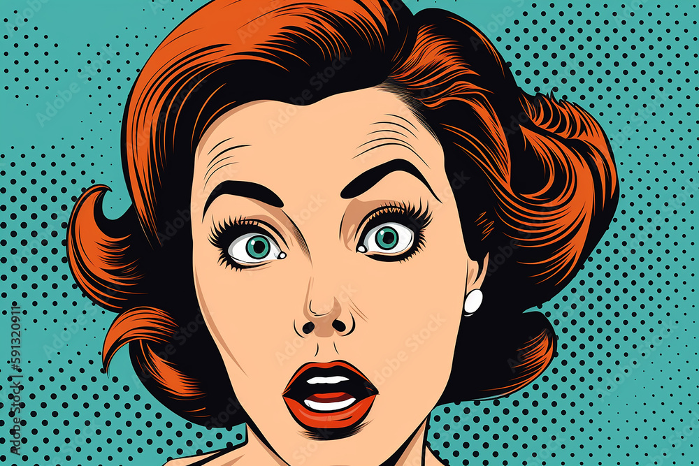 mulher pop art com a boca aberta. Fundo vetorial na arte pop retrô estilo cômico mulher pop art com a boca aberta. Fundo vetorial na arte pop retrô estilo cômico
