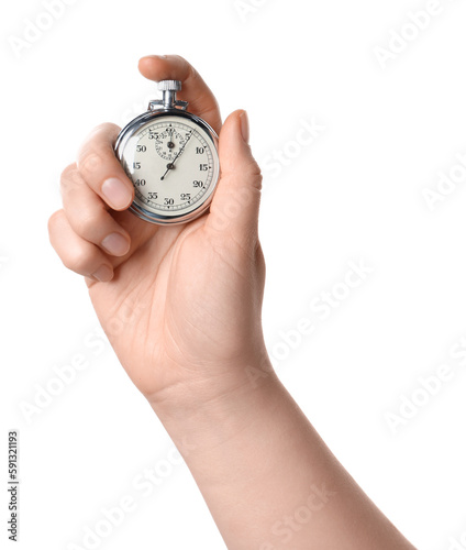 Woman holding vintage timer on white background, closeup
