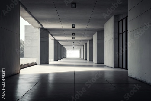 mysterious long hallway with a glowing light at the end. Generative AI