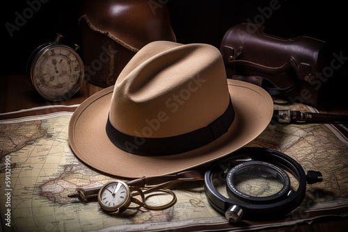 Conceito de viagem ao redor do mundo, bússola, renderização 3D de chapéu estilo Indiana Jones photo