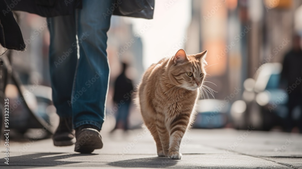 Urban pets walking with their owners in city streets. Playful pets with their friends and families. Dogs and cats in city. AI Generated.