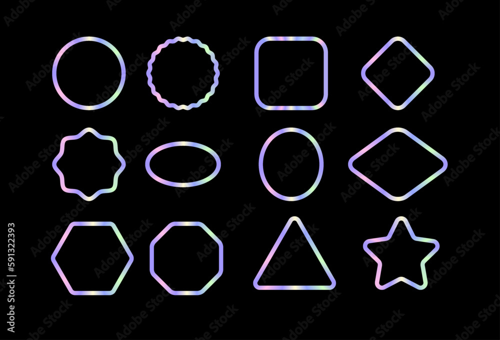 Holographic frame badges isolated on black background. Vector illustration. Multicolored glowing stickers in various shapes