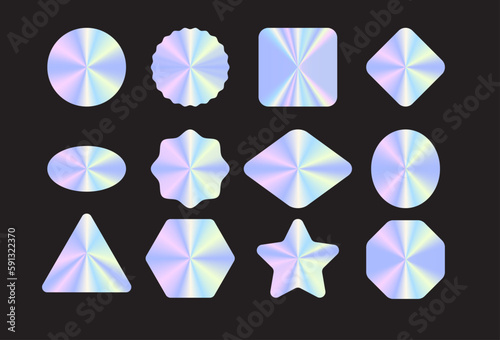 Pack of holographic stickers and labels. Vector illustration. Glowing hologram badges in different shapes isolated on transparent background