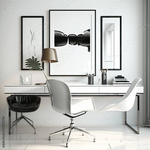 A beautiful modern office in white color  with modern chairs  minimalist pictures on the wall  elegant glass table  Generative AI.