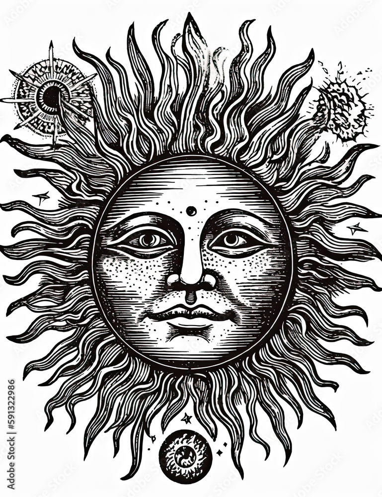 Sun Face, Tarot Style, Mystical, Logo Design, T Shirt Design. Generative AI Sun Face, Tarot Style, Mystical, Logo Design, T Shirt Design. Generative AI