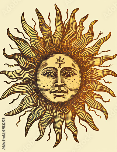 Sun Face, Tarot Style, Mystical, Logo Design, T Shirt Design. Generative AI © Art for Insomniacs