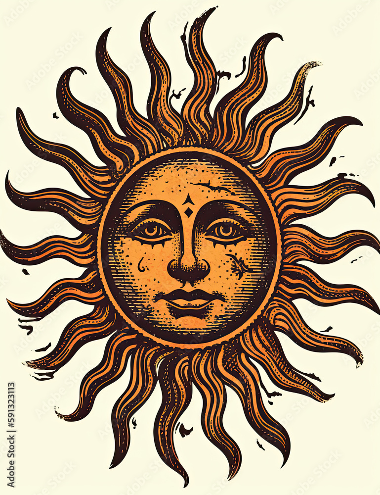 Sun Face, Tarot Style, Mystical, Logo Design, T Shirt Design. Generative AI