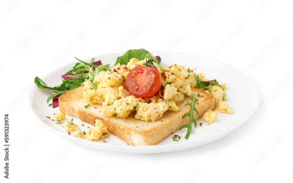 Plate with tasty scrambled eggs sandwich and salad on white background Plate with tasty scrambled eggs sandwich and salad on white background