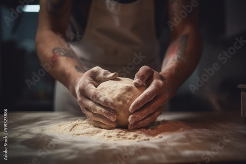 Hands of baker kneading dough on a table ai generative illustration