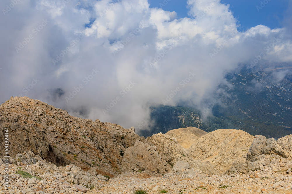 View from the top of Mount Tahtali of Antalya province in Turkey. Popular tourist spot for sightseeing and skydiving