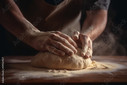 Hands of baker kneading dough on a table ai generative illustration
