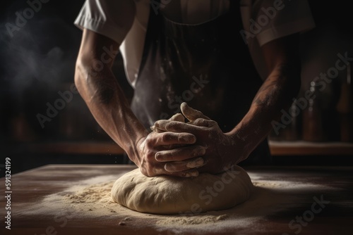 Hands of baker kneading dough on a table ai generative illustration