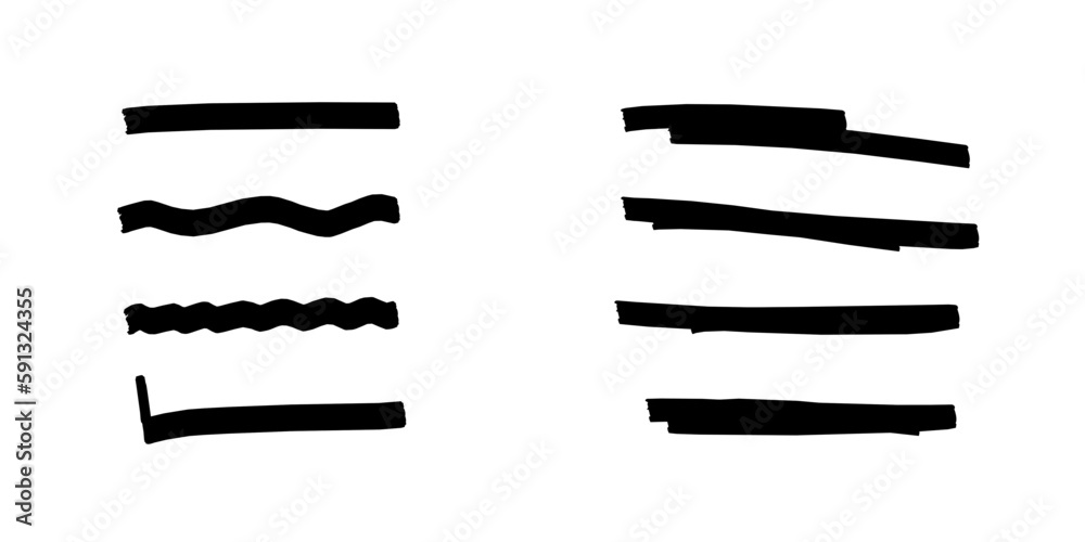 Vetor de Black Marker Highlighter Lines Set. Pen, pencil or brush hand drawn underline strokes