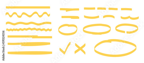 Yellow Marker Highlighter Set. Lines, waves, curves, cross, check. Pen highlight underline strokes. Hand drawn brush pen cartoon elements (Full Vector)