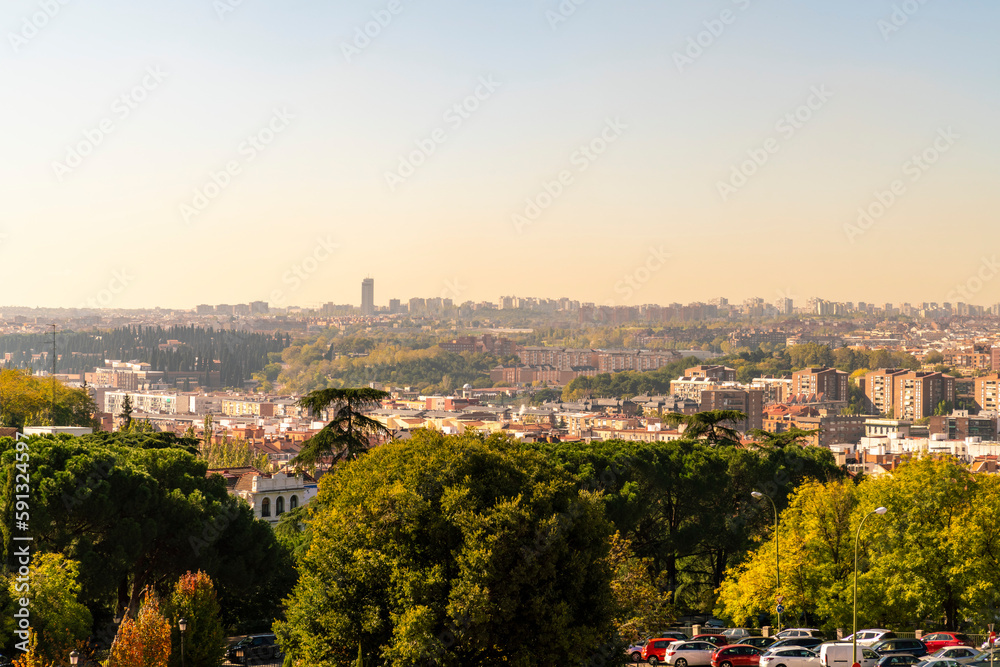 view of the cityscape of Madrid from the royal palace lookout plaza de la armeria, Madrid, Spain