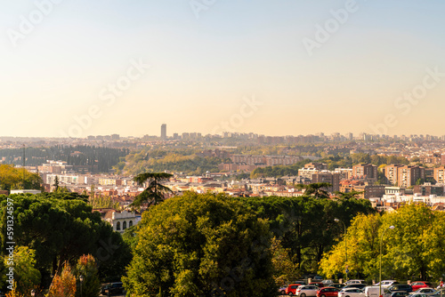 view of the cityscape of Madrid from the royal palace lookout plaza de la armeria, Madrid, Spain © TambolyPhotodesign