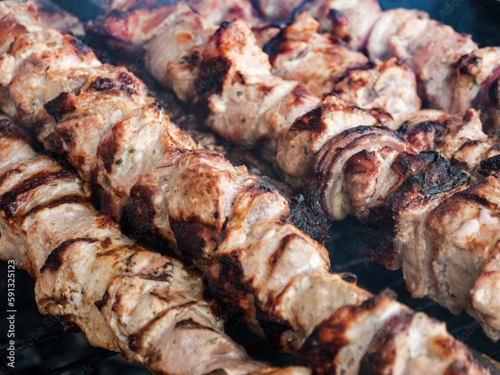 Delicious shashlik skewers prepared in an oriental way are ready to eat