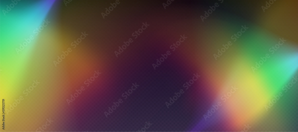 Rainbow refraction overlay, leak flare, prism light effect, rainbow sunlight, holographic rays with transparency. Blurred bokeh retro photo texture, vintage camera glare. Vector background.