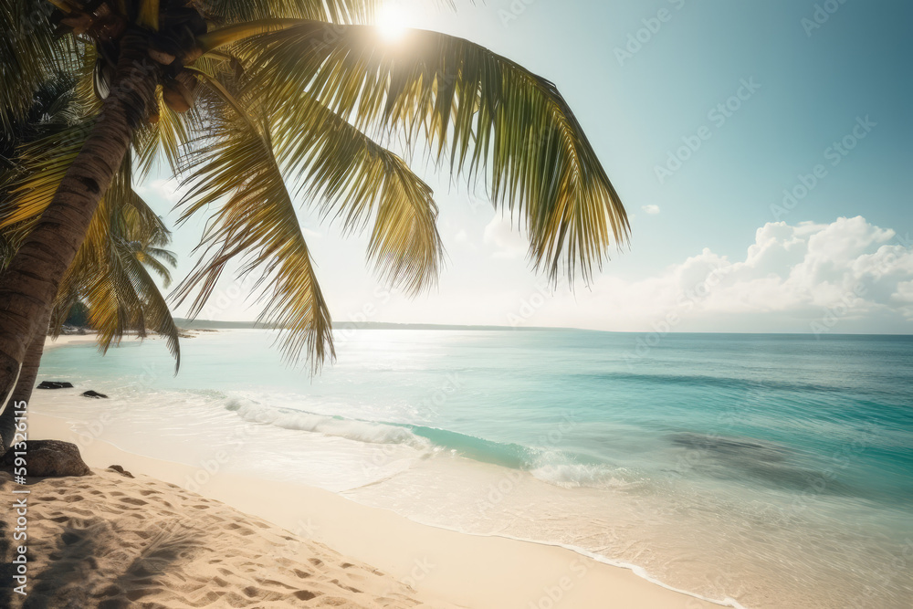 summer beach under palm leaves, vacation by the sea generative ai