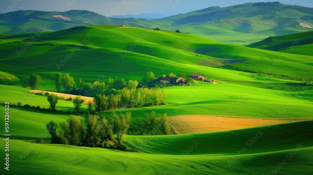 Countryside Scenery with Rolling Hills and Farms