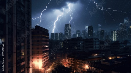 Flashing lights on rainy city nights with striking lightning