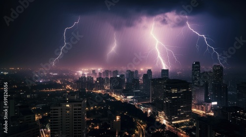 Flashing Lights in a Rainy City Night with Striking Lightning
