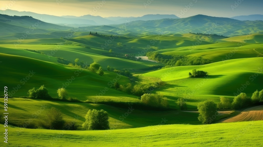 Gorgeous green valley landscape with rolling hills